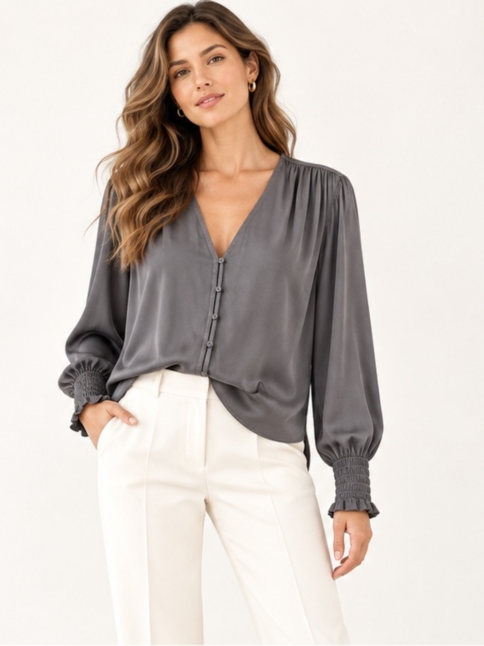 Bella Dahl Gray EcoVero V-Neck Button Blouse Size Small